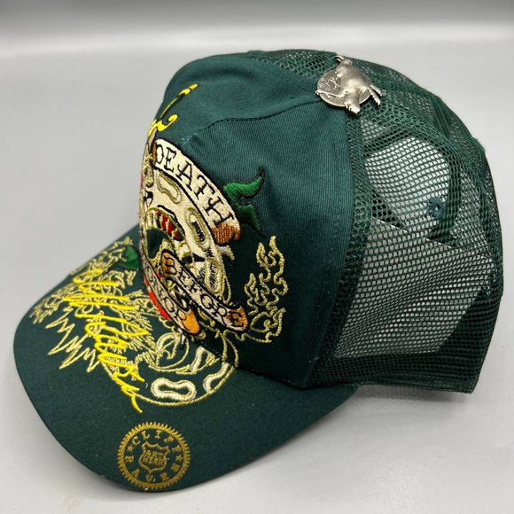 Vintage Cliff Raven Hat Green Ed Hardy Japanese tattoo Snap back Trucker Cap 90s - Picture 2 of 8